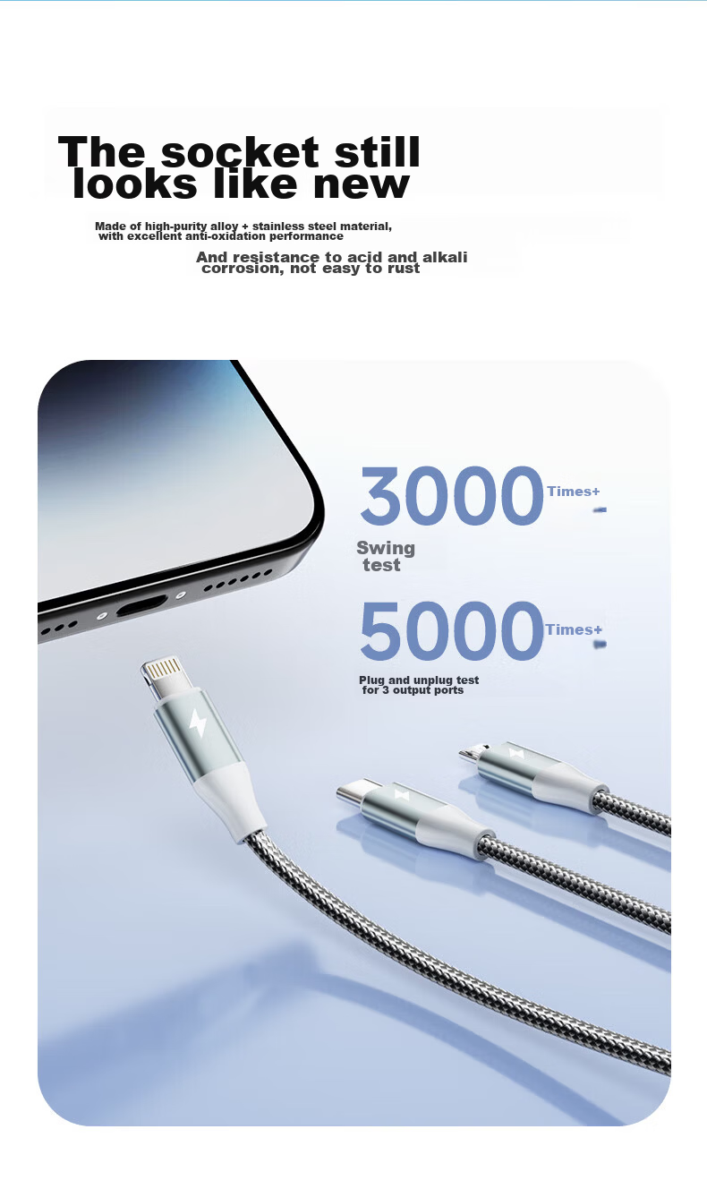 3-in-1 Data Charging Cable for Apple Type-C Android, 6A Fast Charge, Compatible with iPhone 17/16, Huawei, Honor, Xiaomi, Samsung, Car Use, 1.5m 9