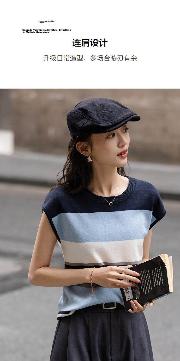 Demana [Breathable Tencel] Summer Lightweight Office Round Neck Raglan Colorblock Slimming Striped Knit Sweater for Women Premium Feel 7