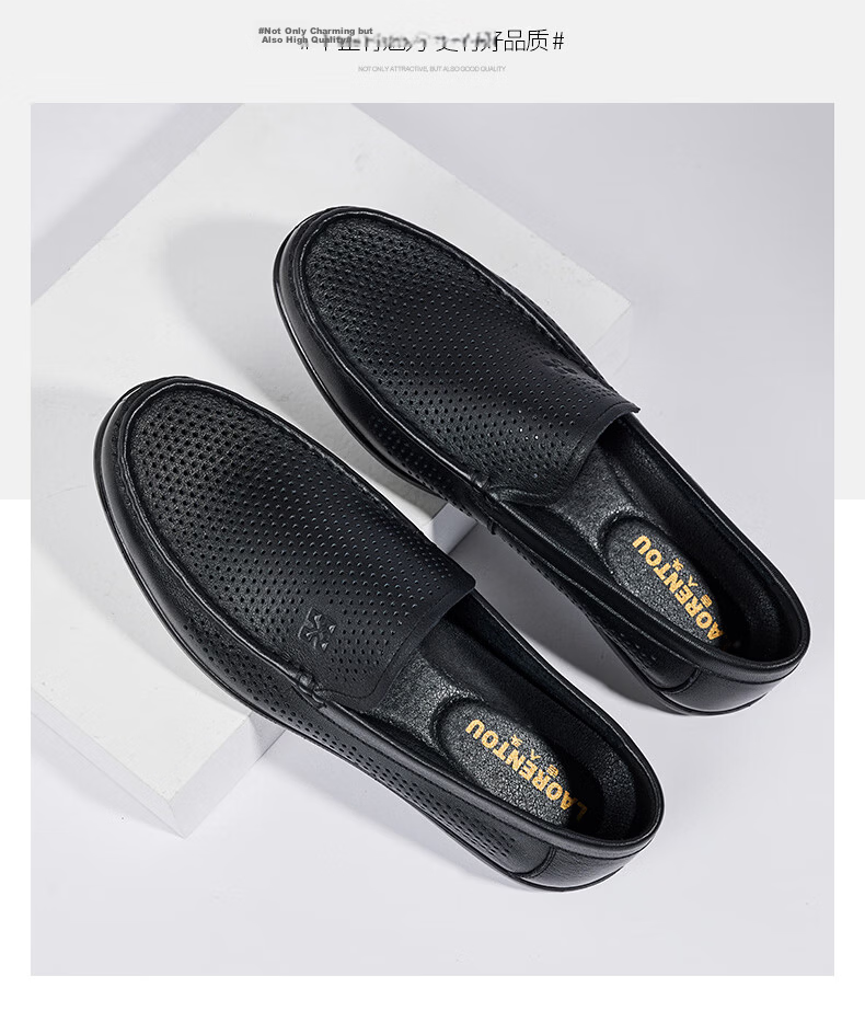 LAORENTOU Men's Leather Shoes, Business Casual Shoes, Top-Grain Cowhide Slip-Ons, Wear-Resistant Breathable Sandals, Men's Hollow Breathable Shoes, Perforated Shoes LL13190 Black 44 13