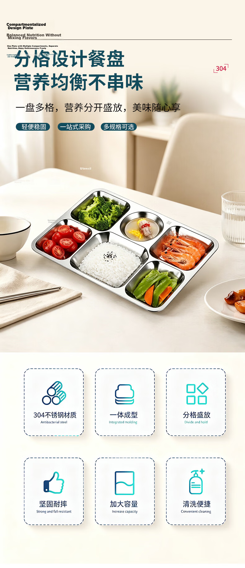 Lanzhe 304 Stainless Steel School Cafeteria Multi-Compartment Lunch Tray Student Bento Box Five Compartments 1