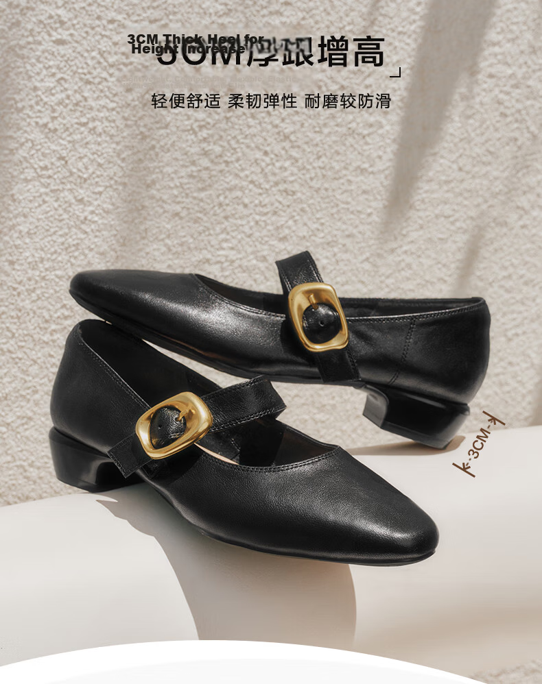 Senda Mary Jane Women's Small Leather Shoes JD Self-operated Lambskin Spring Autumn Commuting Chunky High Heel Single Shoes Black 36 6
