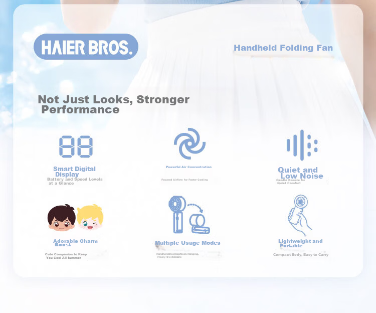 Haier Brothers Handheld Mini Fan Smart Digital Display Quiet Low Noise Multi-Scene Type-C Long Battery Life Outdoor Camping Foldable Lightweight Portable HBHF-M01W 2