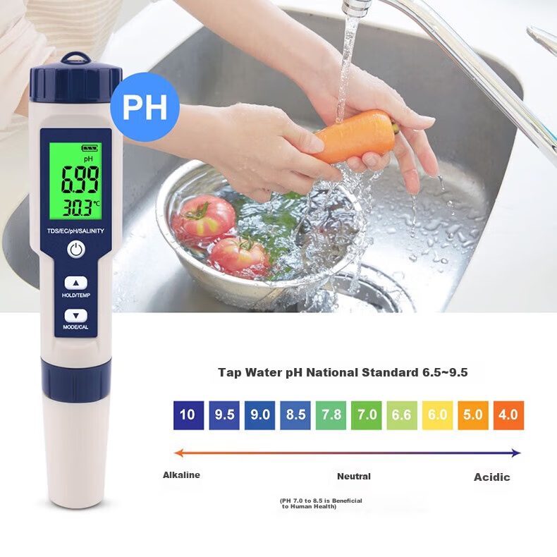 Honggong Water Quality Tester PH/EC/TDS Temperature Salinity Acidity Conductivity 5-in-1 High-Precision Meter Pen 8