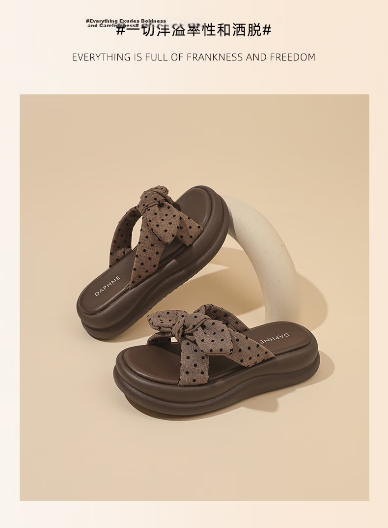 DAPHNE 2026 Summer New Polka Dot Bow Thick Sole Height Increasing Comfortable Outdoor Slippers for Women 25
