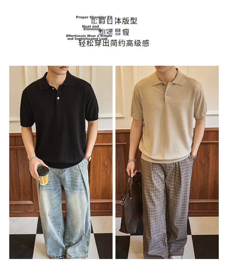 Dingfengbaoluo Vintage Old Coin Style Short Sleeve Men's Summer Luxury Business Polo Knit Casual Shirt KK65 Black 2XL 4