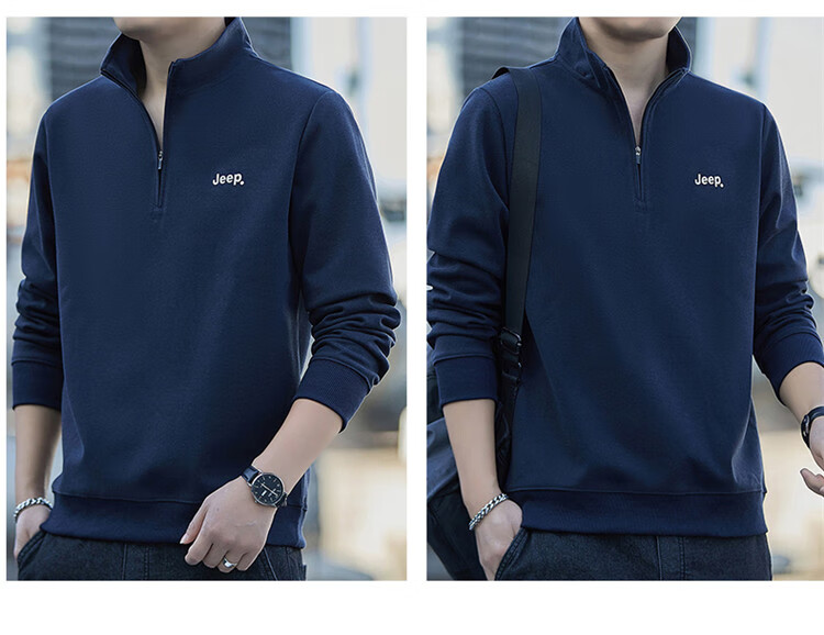 JEEP Men's Sweatshirt Spring Autumn Loose Stand Collar Long Sleeve T-Shirt Heavyweight Trendy Clothing Black L 13