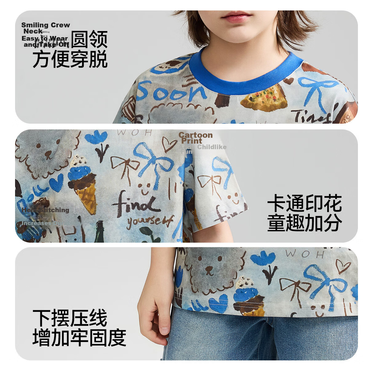 ASK JUNIOR Kids Short Sleeve T-Shirt Summer Cartoon Print Youth Half Sleeve Tee Unisex Blue 7