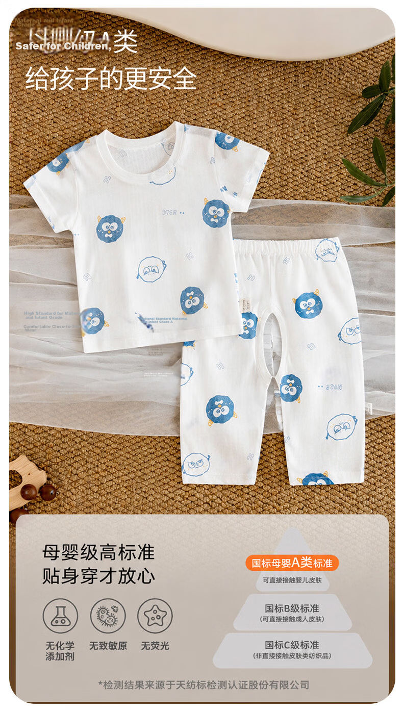 Babyprints Baby Homewear Set Summer Short Sleeve T-Shirt and Open Crotch Pants 2-Piece Cotton Thin Clothes Blue 90cm 6
