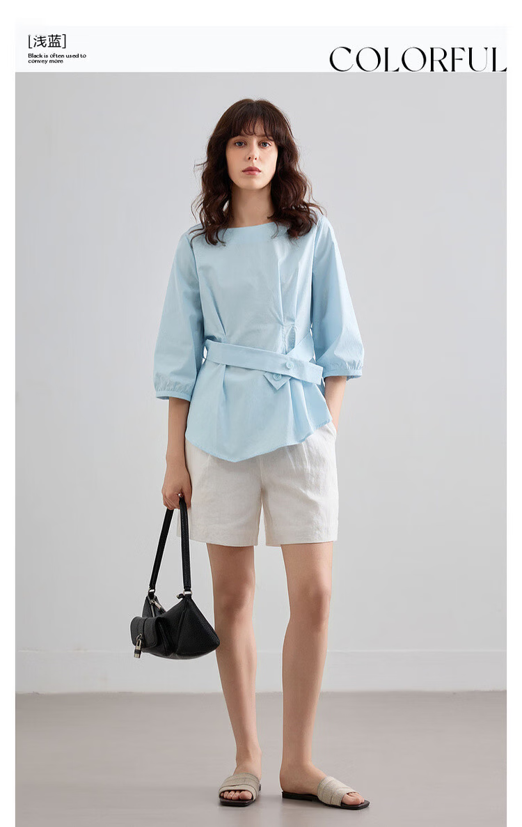 Demana Pure Cotton Breathable Summer Artistic Fresh Round Neck Slim Waist Shirt Women's Top 3