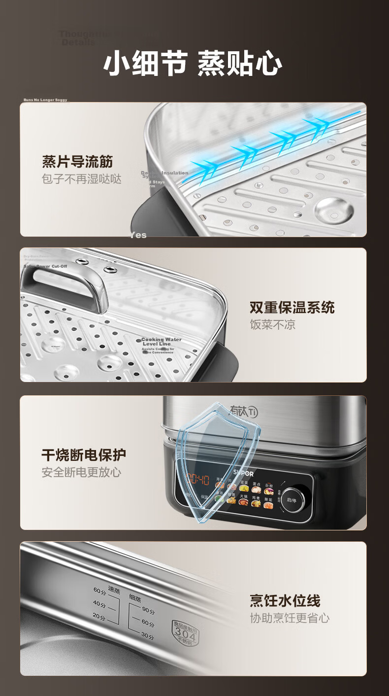 SUPOR Titanium Stainless Steel Electric Steamer 0-Coating Multi-Functional Household Stew Steam Hot Pot 18L Detachable Cube Electric Cooker ZN30FC1689 24