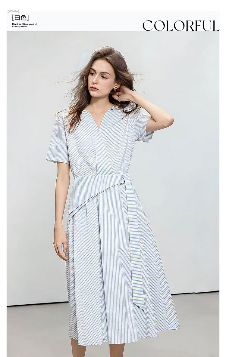 Demana Lightweight Cloud Oxygen Cotton Summer Simple Commuter V-Neck Striped Waist Belt Tie Waist A-Line Women's Dress 3