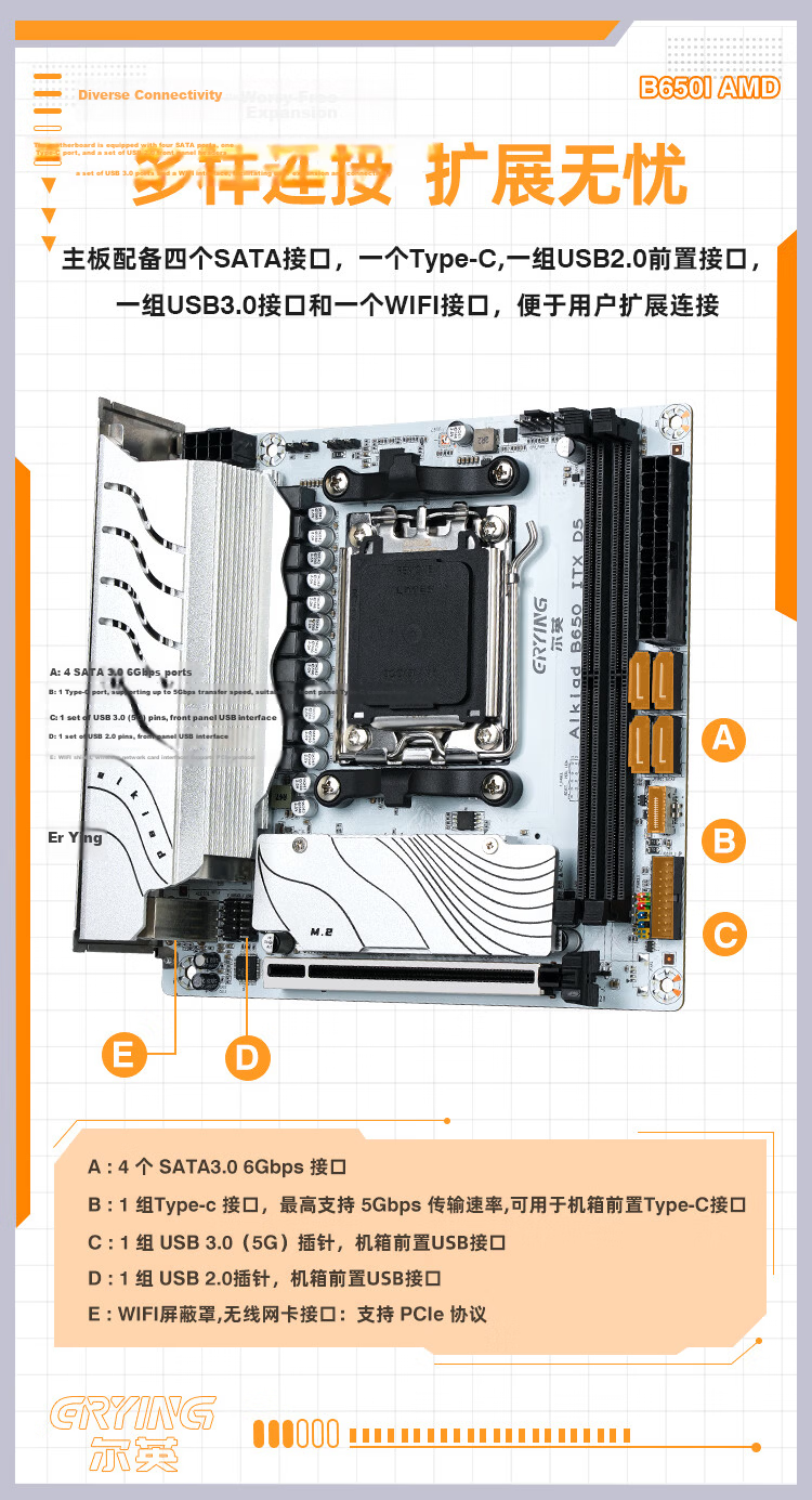 Ering B650 ITX Yaoguang ARGB Mini ITX Motherboard Desktop PC DIY Gaming Office Productivity AMD 7000/8000/9000 Series DDR5 Support 6