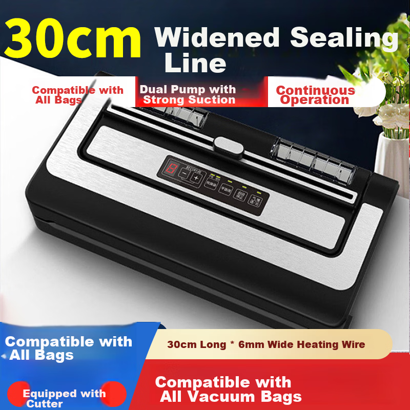ShineYe Vacuum Sealer PW300 with 30cm Seal Width, Dual Pumps, Cutter, and Inflation for Dry and Wet Food Preservation, Home and Commercial Use, Flat Bag Sealing Machine