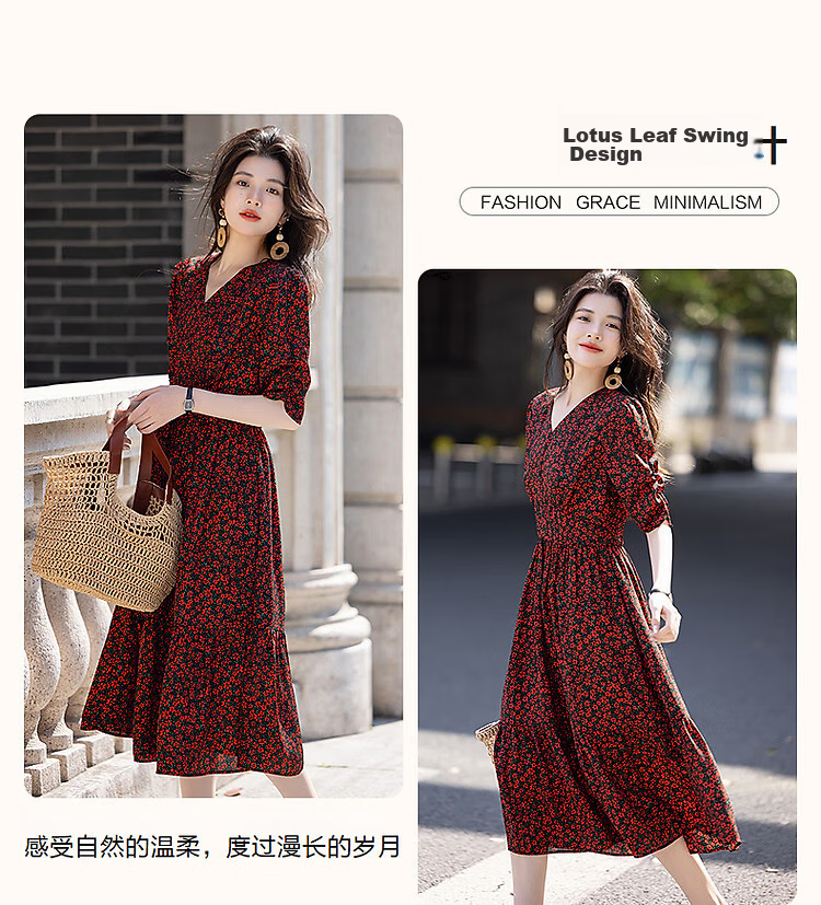 Demana [Passionate French Style] Summer Lightweight Chiffon Printed V-Neck Short Sleeve Waist-Cinched Ruffle Hem Elegant Women's Dress 6