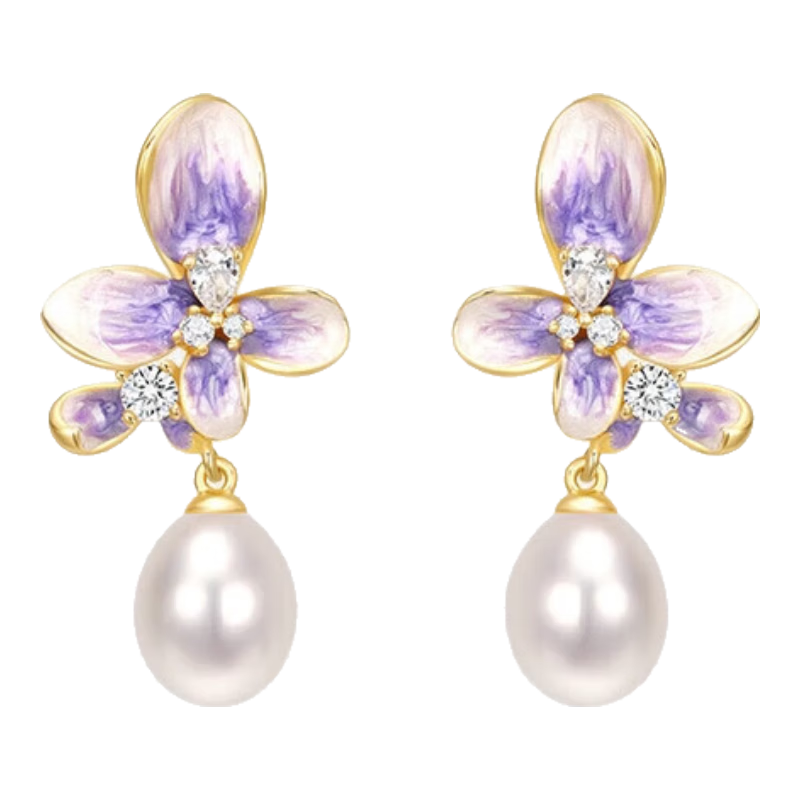CHOW TAI SENG Wisteria Flower Stud Earrings Unique Design Silver Pearl Jewelry Christmas Gift Valentine's Day Gift for Girlfriend