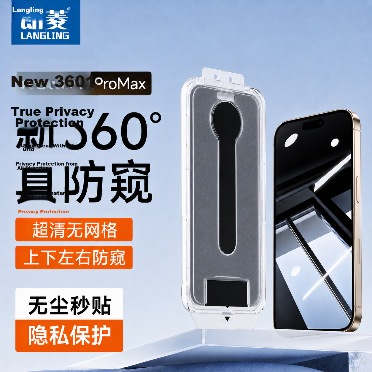 Langling 360° Privacy Screen Protector Tempered Glass for iPhone 15 Pro Max Full Coverage Anti-Peeping HD Anti-Drop Phone Film