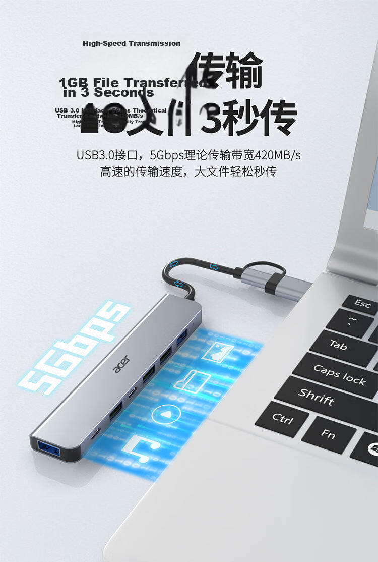 Acer Type-C Expansion Dock, USB3.0 Hub with SD/TF Card Reader Adapter, Compatible with MacBook, Huawei, Android Computers, Eight-In Expansion Dock 5