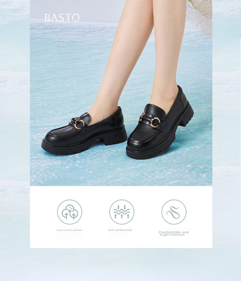 BASTO 26 Spring Loafers Simple College Style Chunky Heel Women's Single Shoes TFW68AA6 Black 41 4