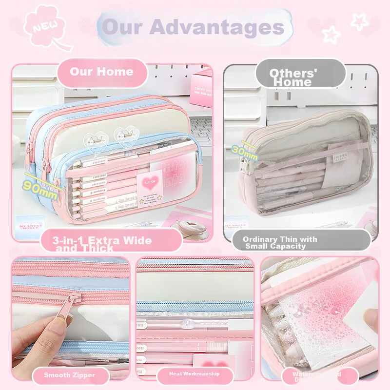 Meijiwan Dopamine Transparent Pencil Case Large Capacity Girls High-Value Ins Style Pencil Box Stationery Supplies Middle and High School Color Block Splicing Simple Storage Bag Value 133-Piece Set 5