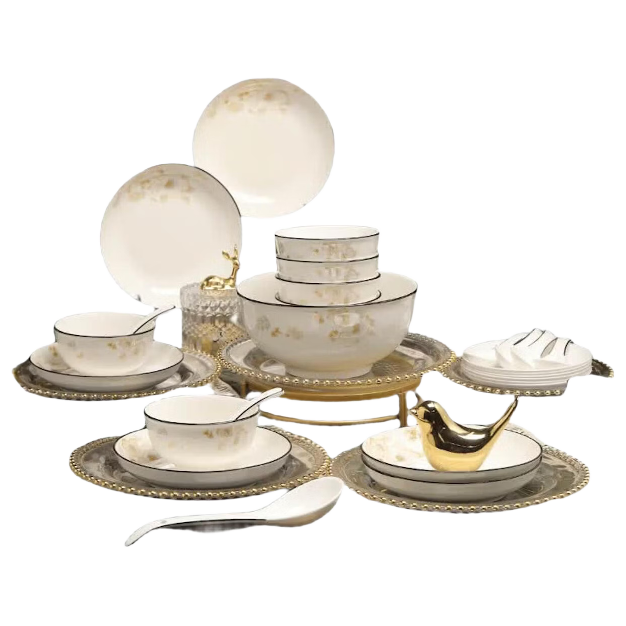 JD Original Complete Set of Bowls And Plates Tableware Set for Home Use, Ceramic Tableware Set for Housewarming Gift, "Flowers And Full Moon" Design with 32 Pieces