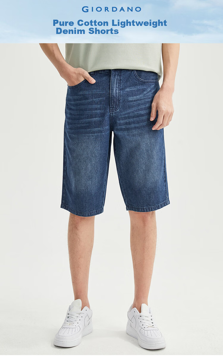 Giordano Men's 2026 Summer New Pure Cotton Lightweight Cat Whisker Mid-Rise Straight Denim Shorts 13106211 3