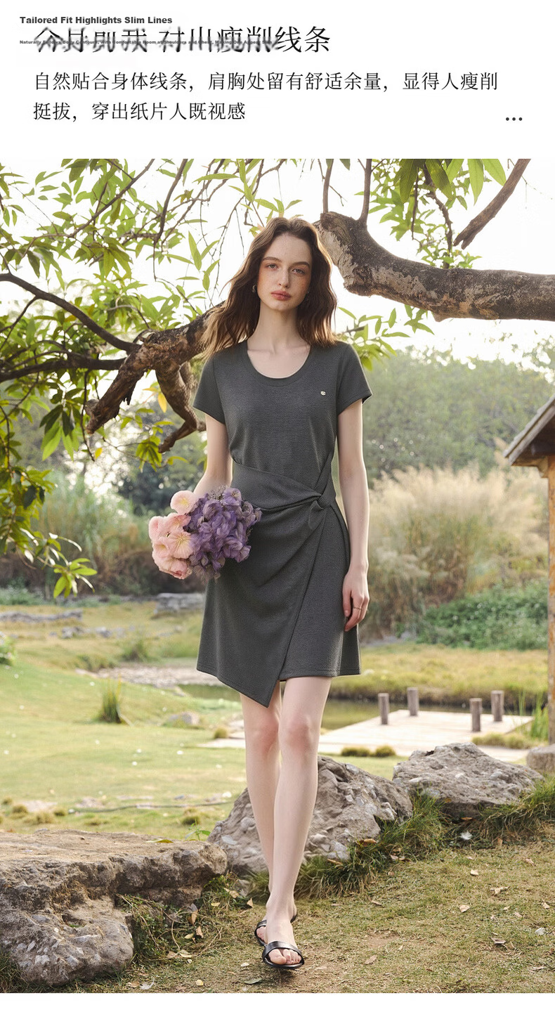 Olrain Knot Waist Slimming Dress Women's Summer Round Neck Fashion Versatile Short Sleeve Dress Gray M 3