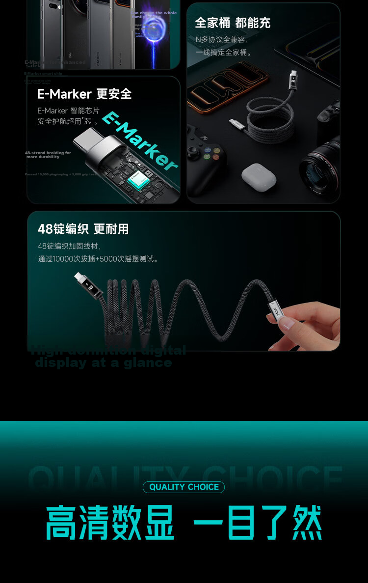 MIIIW Digital Display Magnetic Type-C 240W 6A Braided Fast Charging Cable for Apple 17/Xiaomi/Huawei/Laptops 1m 5