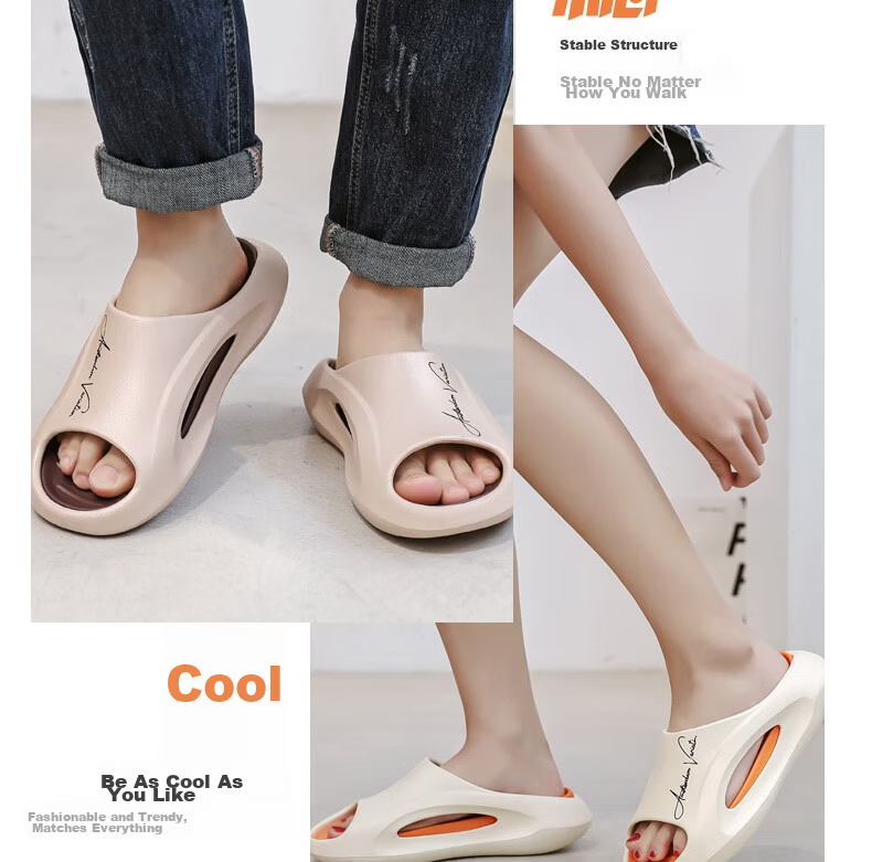 Huamei Jianbu Couple's Home Bathroom Indoor and Outdoor Anti-Slip Soft Elastic Comfortable Slippers HM23161 Beige Orange Size 44-45 15