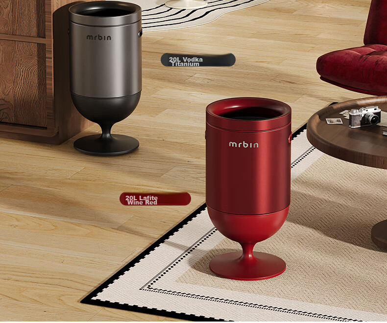 Mr.Bin Living Room Luxury Hands-Free Lidless Trash Can Wine Glass Style Kitchen High Foot High Aesthetic Stainless Steel Italian Luxury Red 20L 19