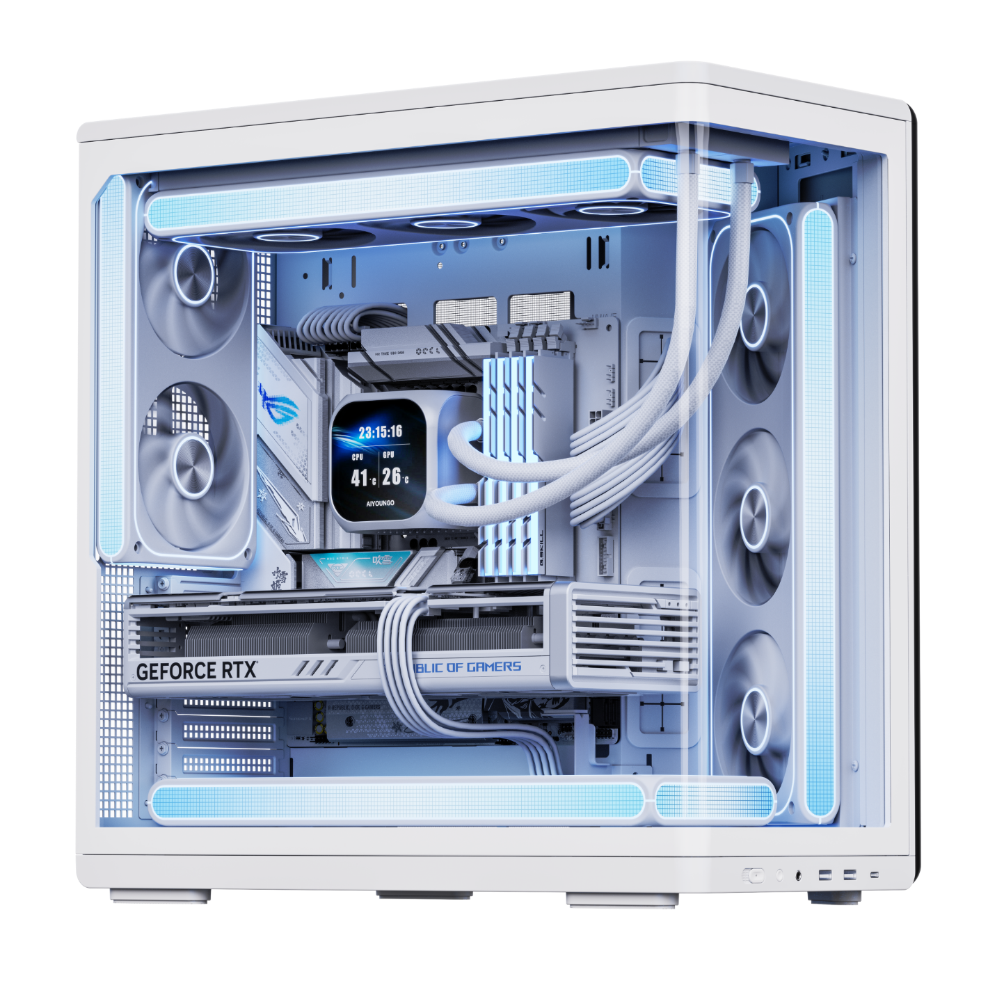 Aigo Starry Dawn White Gaming Desktop Computer Case with 360mm Water Cooling Support, ATX Motherboard, Integrated Curved Glass, Left And Right Compartment Design, And 5090 Graphics Card Compatibility