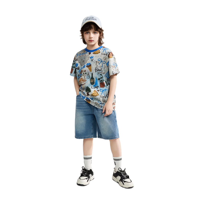 ASK JUNIOR Kids Short Sleeve T-Shirt Summer Cartoon Print Youth Half Sleeve Tee Unisex Blue