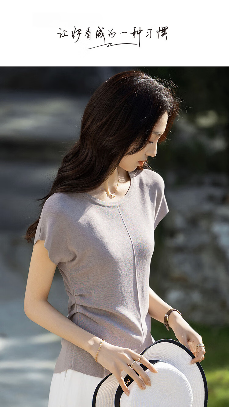 Demana Elegant Lightweight Office Summer Round Neck Split Shoulder Side Seam Ruched Slimming Knit Top for Women 1