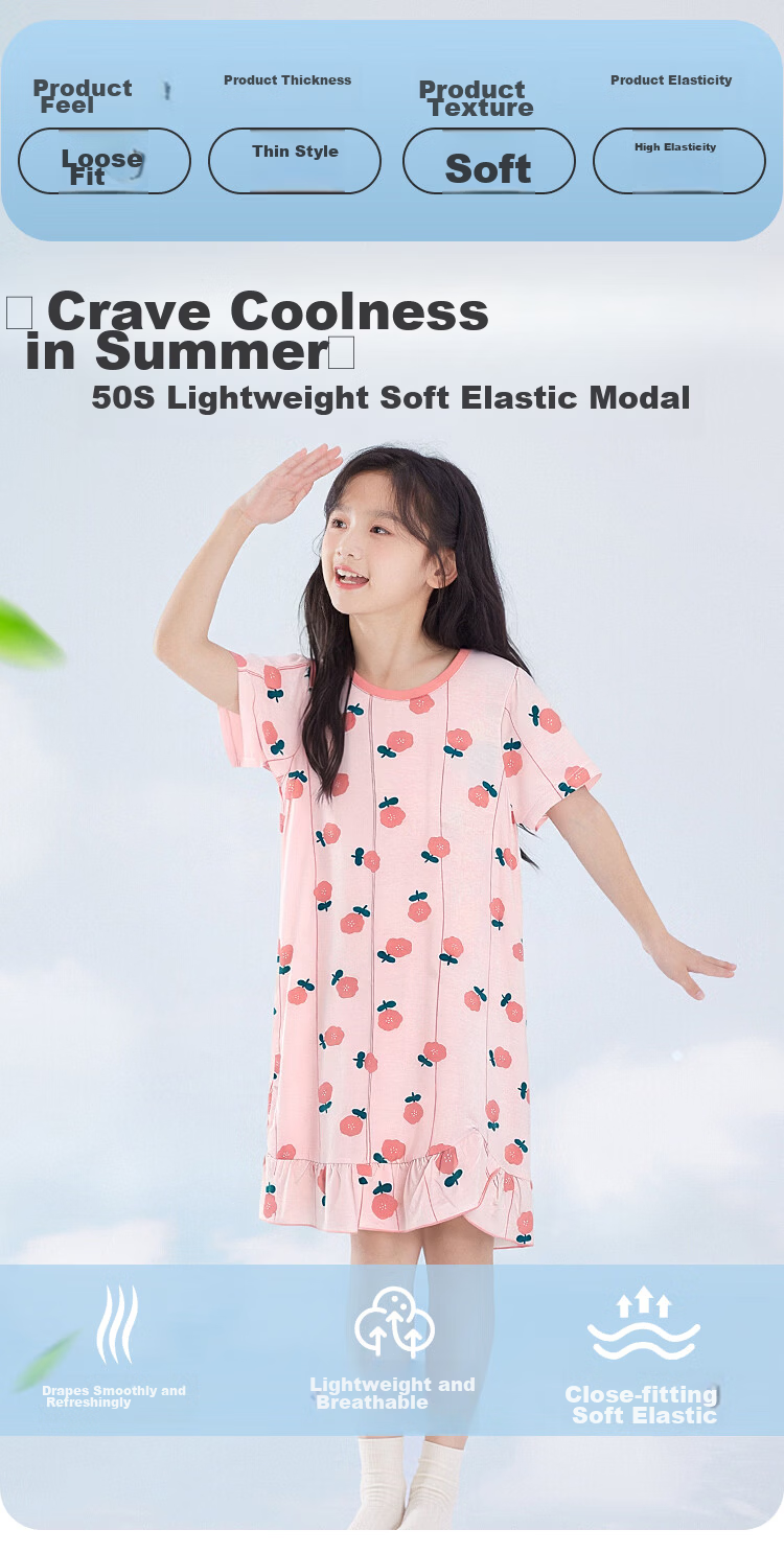 Hodohome Summer Cool 50s Modal Girls' Short Sleeve Pajamas Sleepwear Dress for Home and Outdoor Wear 1