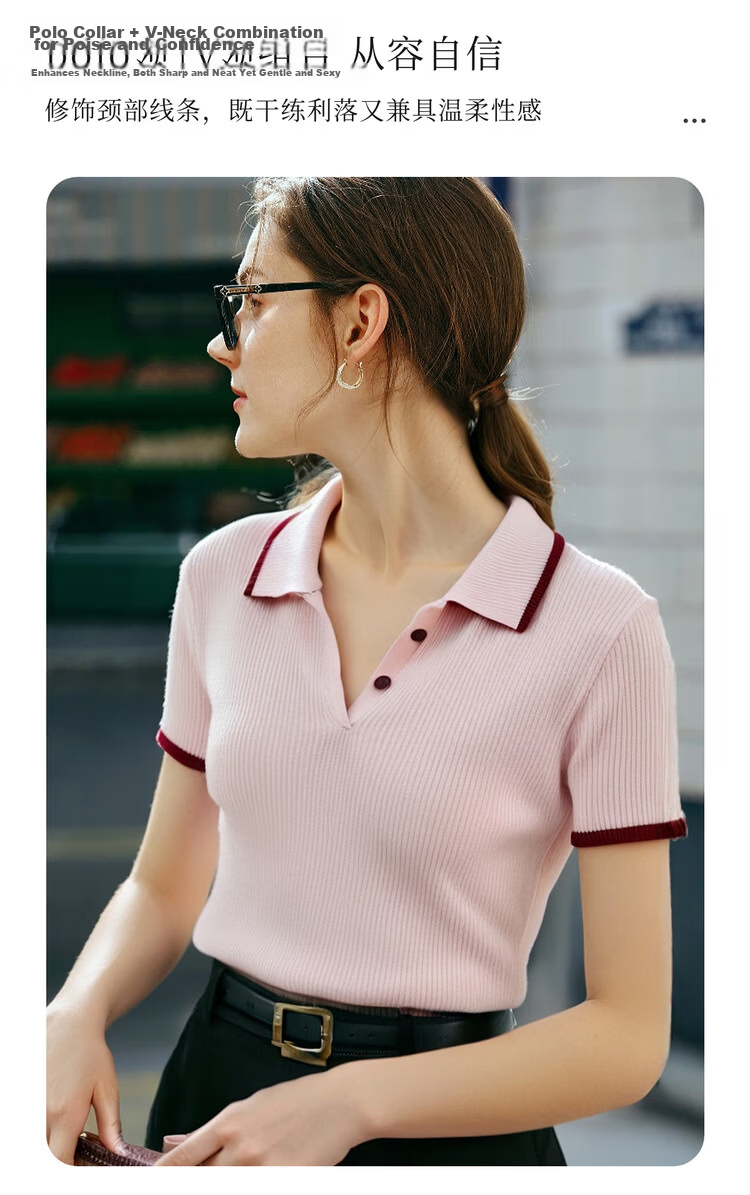 Olrain Pink Polo Collar Commuter Style Knit Pullover Women's Summer Top Pink L 7