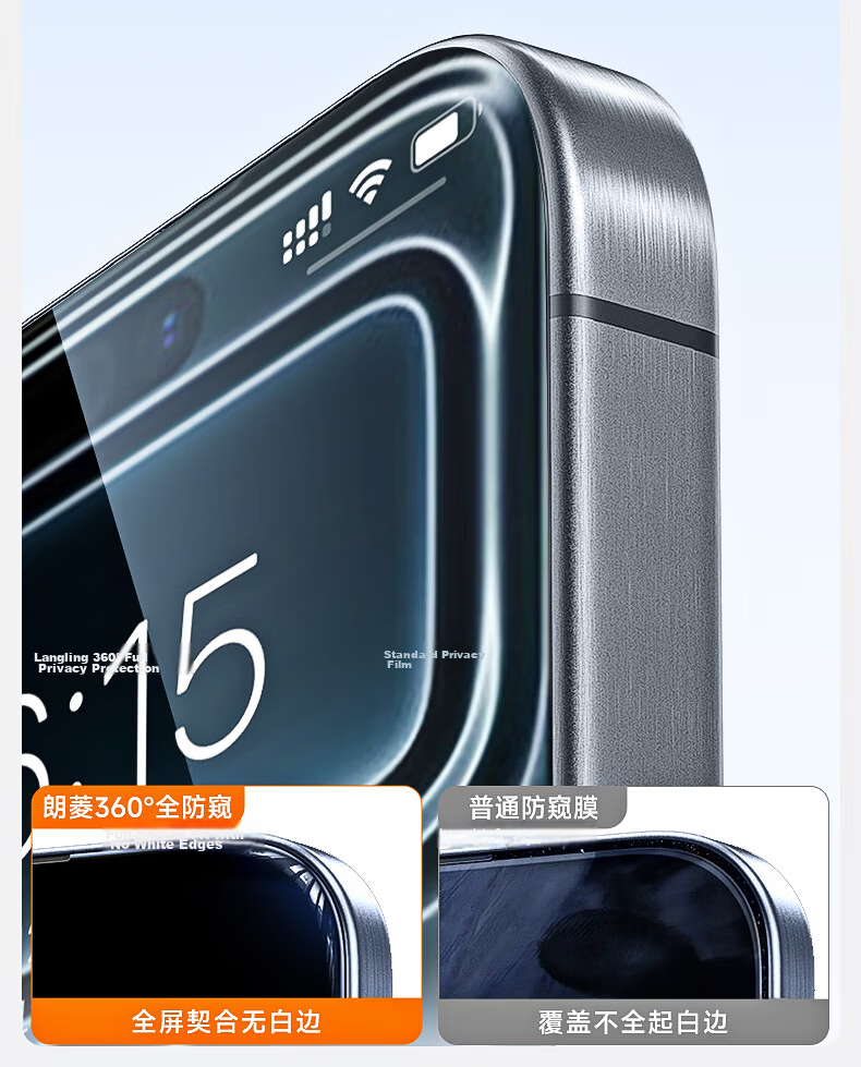 Langling 360° Privacy Tempered Glass Screen Protector for iPhone 16/15 Full Coverage Anti-Peeping HD Anti-Drop Protective Film 15