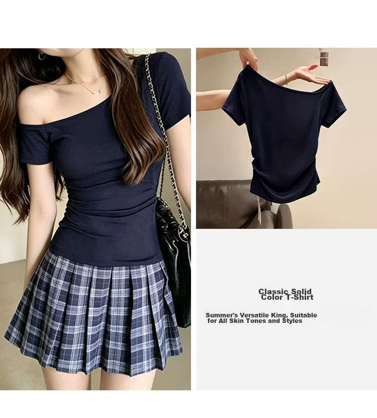 Shuangxing Women's Summer New Sexy Off-Shoulder Short Sleeve T-Shirt, Ruched Waist Slim Fit, Black, XL 13