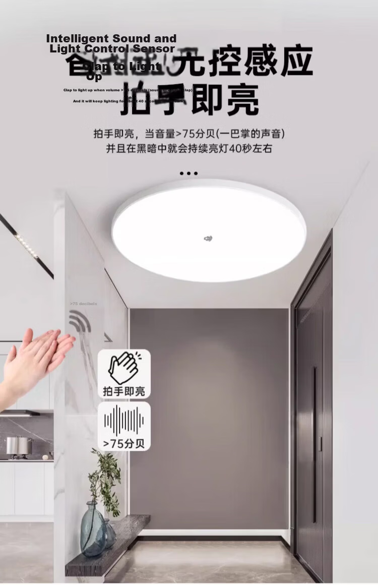 Biuyum Radar Sensor LED Ceiling Industrial Waterproof Light Engineering Stairway Corridor Ultra-thin Motion Sensor Smart Light 18W Diameter 30cm 8