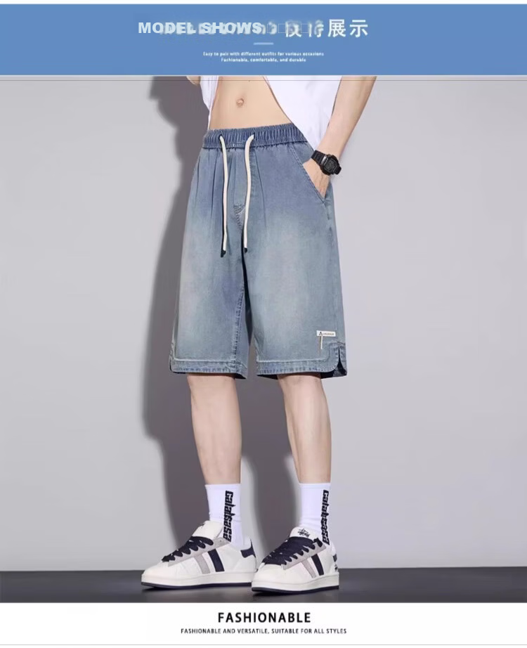 PLAYBOY Tencel Denim Shorts Men's Summer Thin Loose Straight Youth Ice Silk Knee-Length Pants 2026 New Model 9