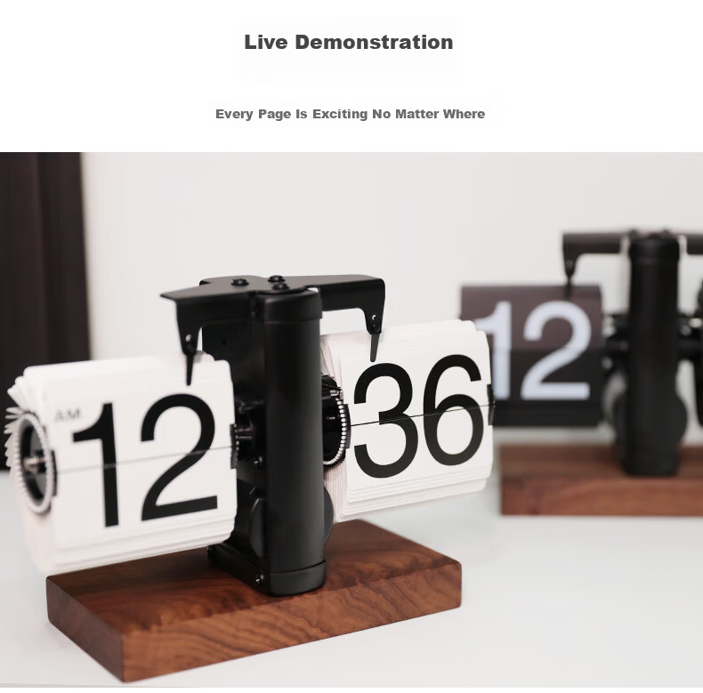 Momen Mechanical Automatic Page-Turning Clock Vintage Nordic Minimalist Style Living Room Personalized Desktop Creative Decorative Ornament Solid Wood Base Clock Back to School Birthday Gift for Men a 9