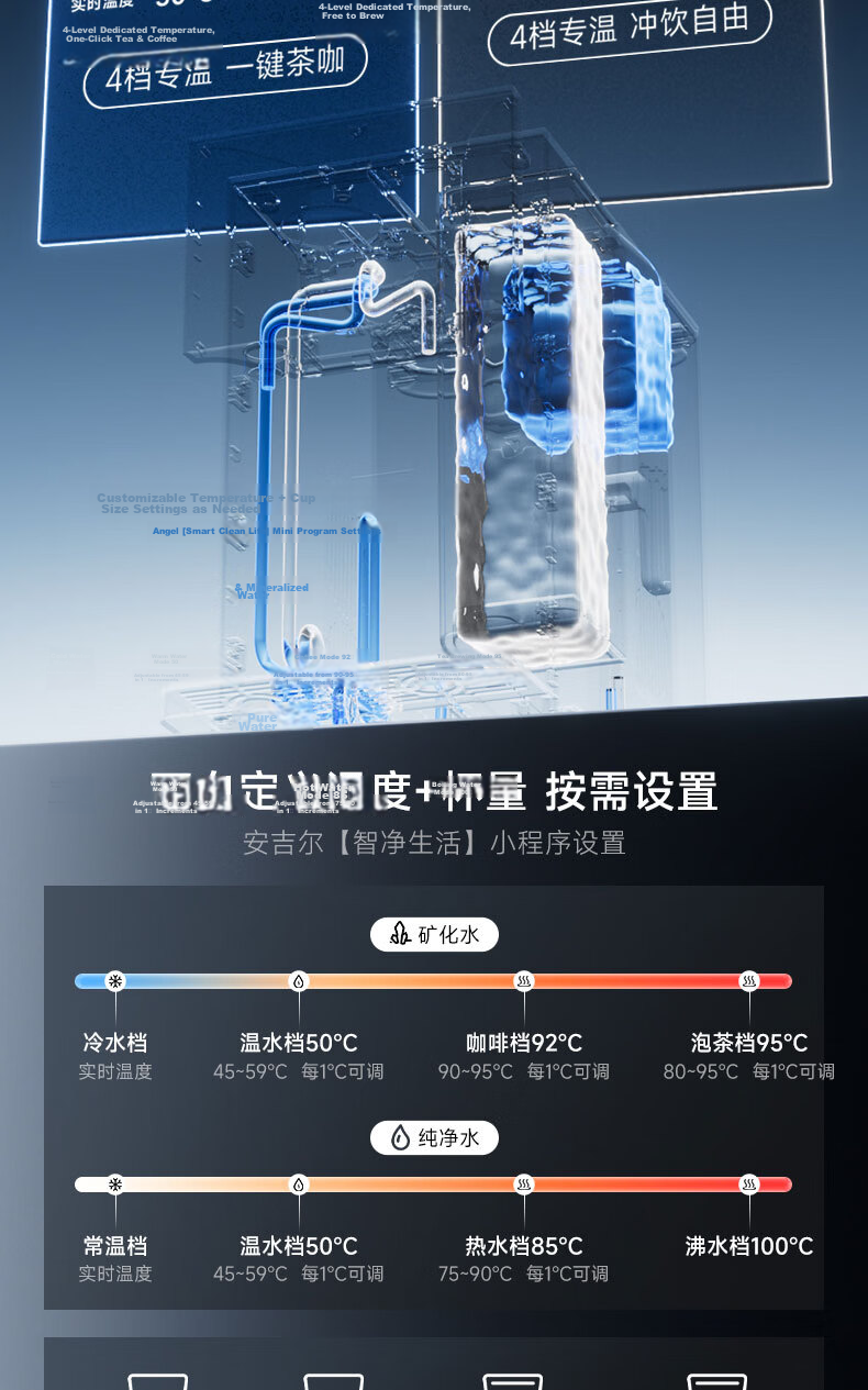 Anjier Desktop Water Purifier T3 [Xiao Zhan Recommended], Household Drinking Water Machine with Heating Function, All-In Instant Hot Water, No Installation Required, Transparent Touch Screen, BPA-Free, High in Strontium, JY3491TK-ROK 12