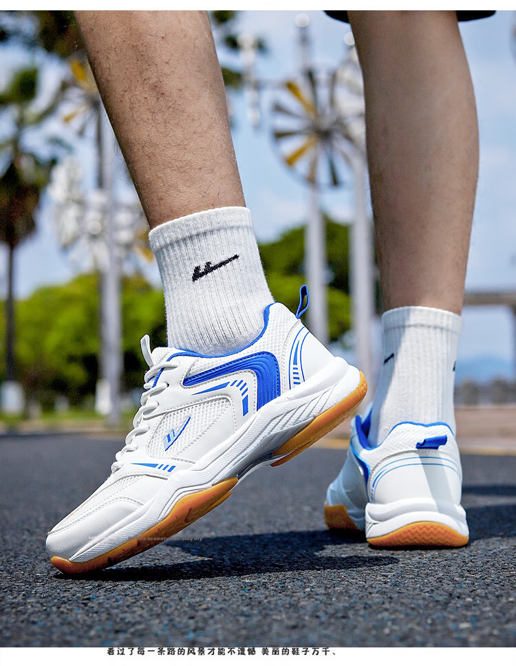 Warrior Badminton Shoes Men Shock Absorption Sports Shoes Couples Casual Shoes Badminton Shoes WXY(ZA)-4699 Beige Dark Blue Size 41 9