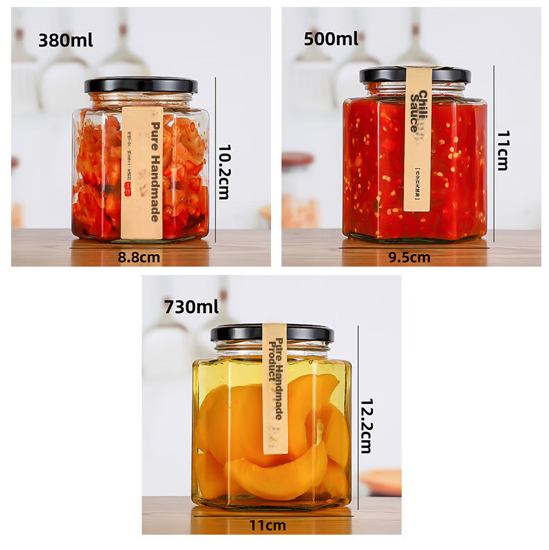 PINYU Glass Jar with Lid Food Grade Hexagonal Jam Chili Sauce Sealed Jar Honey Lemon Paste Grain Dry Goods Storage Container 10