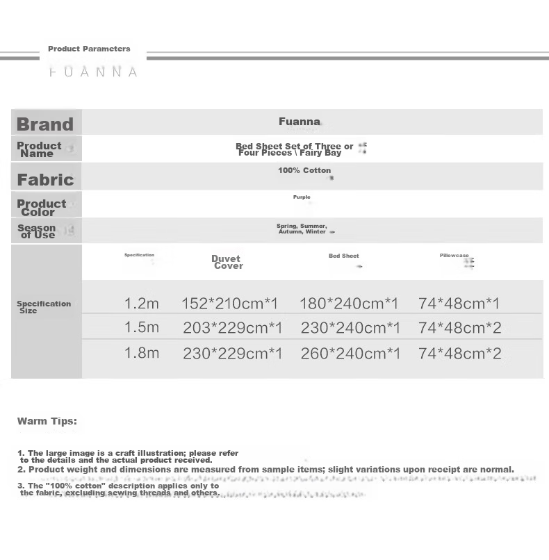 Fuannaertong All-Cotton Bedding Set of Four Pieces, 60-Count Long-Staple Cotton, Class A Sateen, Double Extra-Large Bed Sheet, Duvet Cover, Quilt Cover, for 1.8-Meter Bed, 230*229cm 15