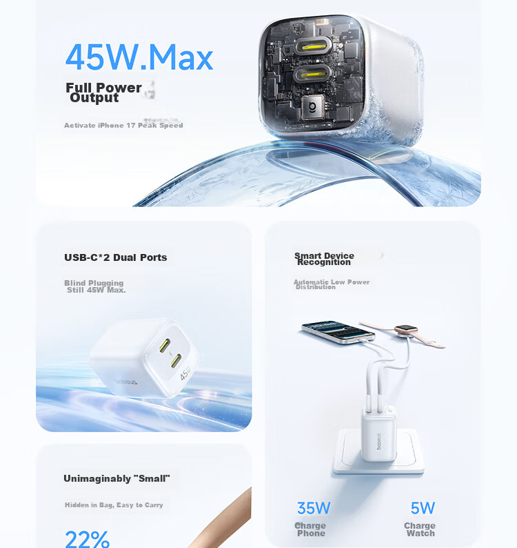 Baseus Mini Ice Charger [Dual C Ports] Apple 17 Charging Head 45W GaN Charger AVS Protocol Dual-Port Fast Charger Compatible with iPhone 17 Pro/16 Huawei Black Plug 3