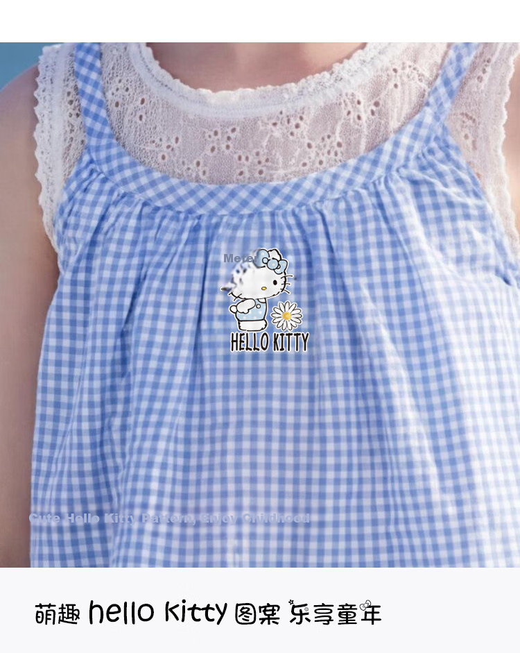 Hello Kitty Girls Summer Salt Style Fresh Plaid Cartoon Set 2026 New Loose Sleeveless Outfit for Older Kids 3