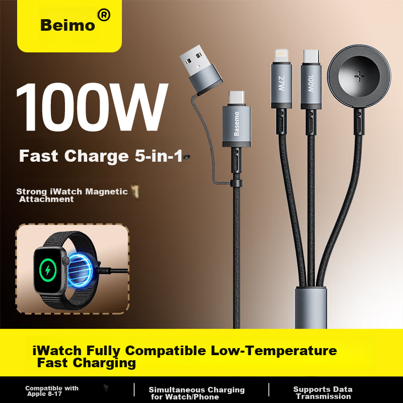 Beimo 100W Fast Charging 5-in-1 Magnetic Data Cable Watch Charger for Apple Watch SE/Series/Ultra and iPhone 17 Huawei
