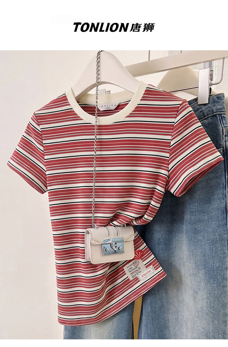TonLion 2026 Summer Women's Striped Slim Fit Short Sleeve T-Shirt, Stylish and Comfortable, Age-Reducing Basic Tee 15