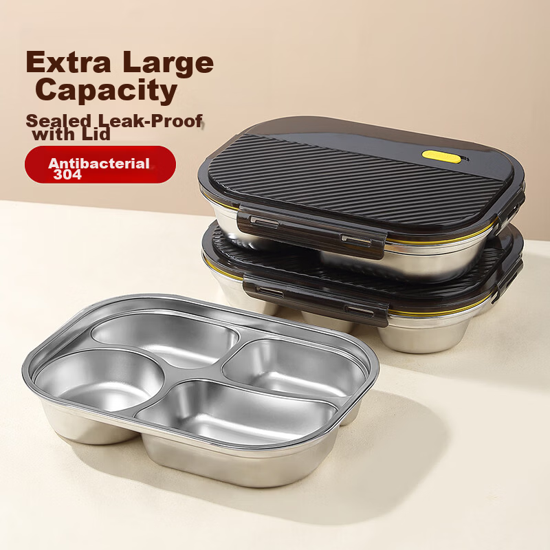 Yolunmei 304 Stainless Steel Divided Lunch Tray Large Capacity Covered Five-Compartment Bento Box for Office Workers and Children