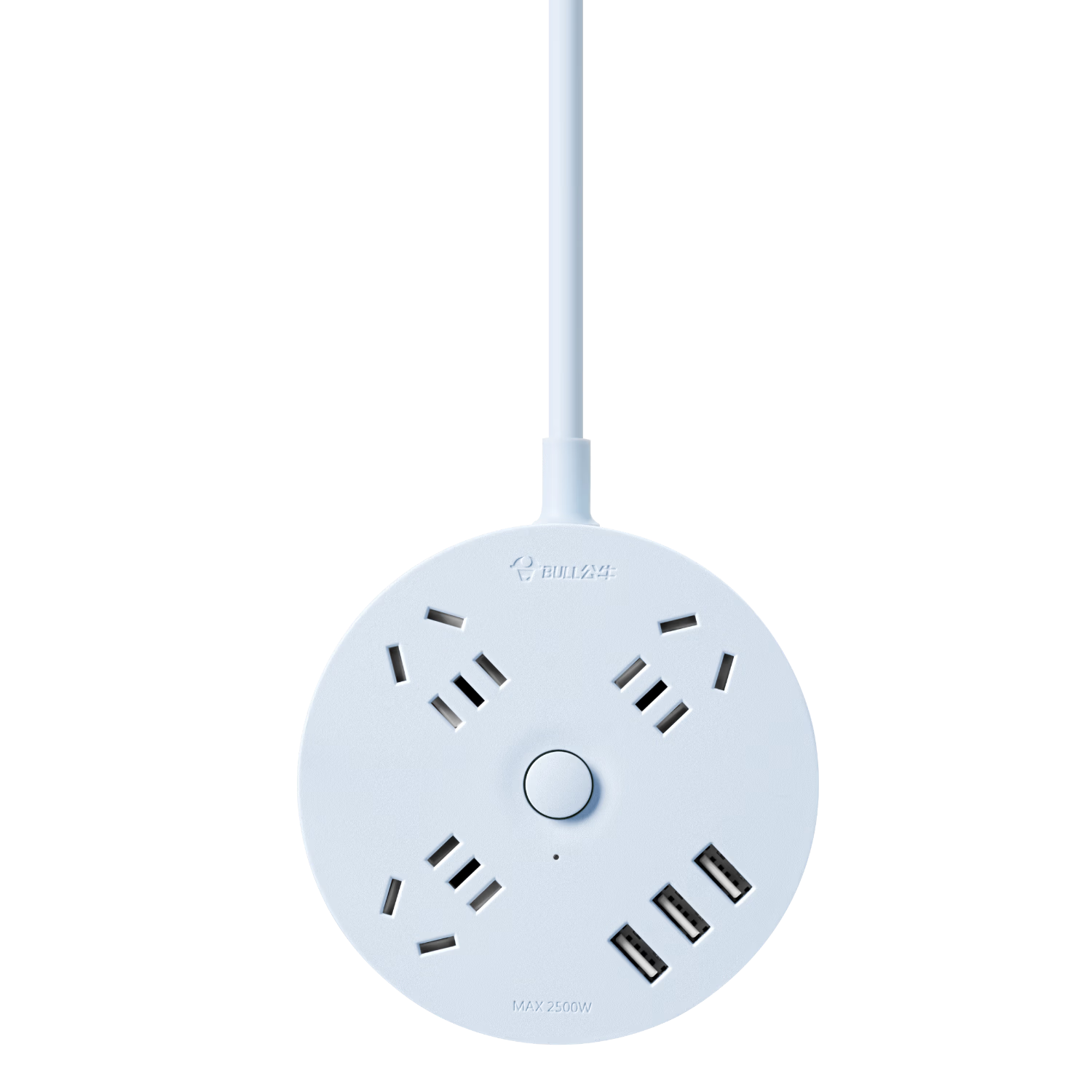 BULL Power Strip/Extension Cord/Surge Protector/Power Bar/Cable Reel Round Socket with 3 USB Ports + Master Switch, 1.8m, Sky Blue, GN-R203U