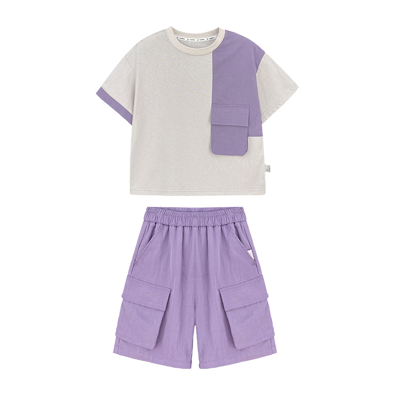 Paitown Kids 2026 New Boys' Summer Colorblock Short Sleeve and Shorts Casual Set Stylish